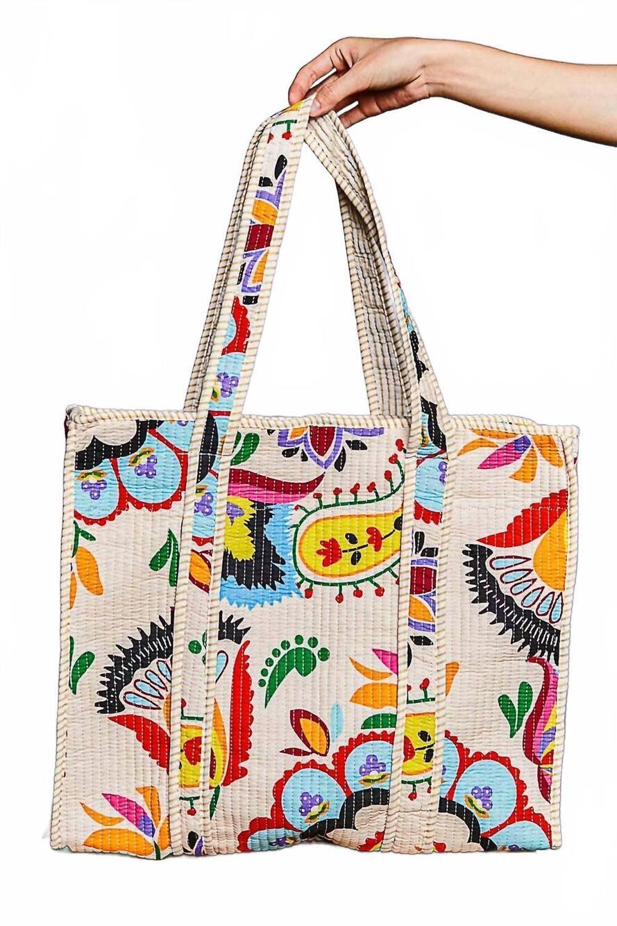 NEW POL women's cotton printed tote bag in cream multi